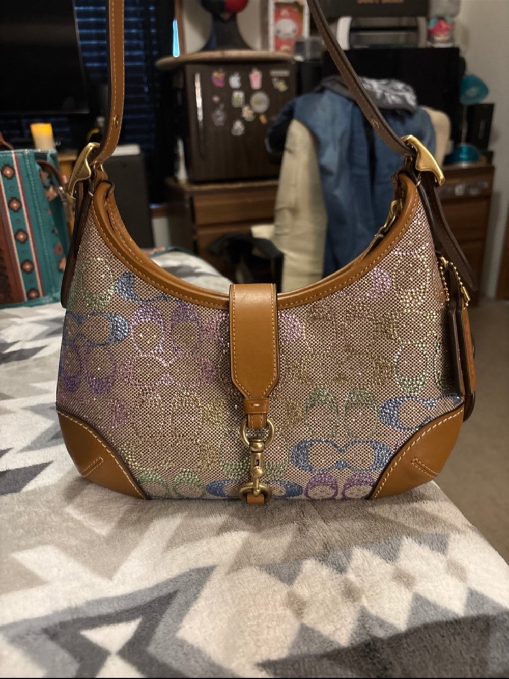Coach Multicolor Logo Canvas Shoulder Bag with Tan Leather Trim